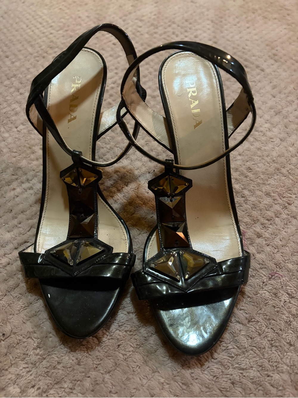Prada Black Patent Leather T-Strap Heels with Geometric Jewels